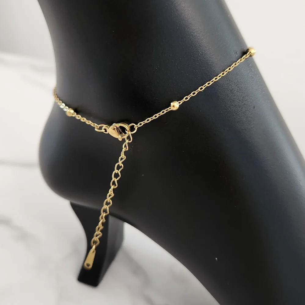 Gold Plated Bow Charm Beaded Chain Adjustable Dainty Anklet